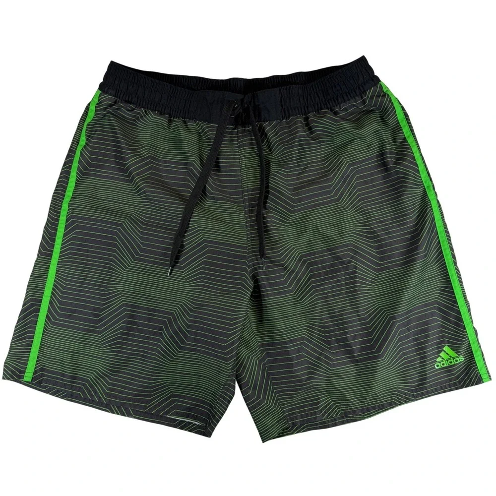 Adidas Mens XXL Swim Trunks Black Neon Green Geometric Board Shorts Mesh Lining